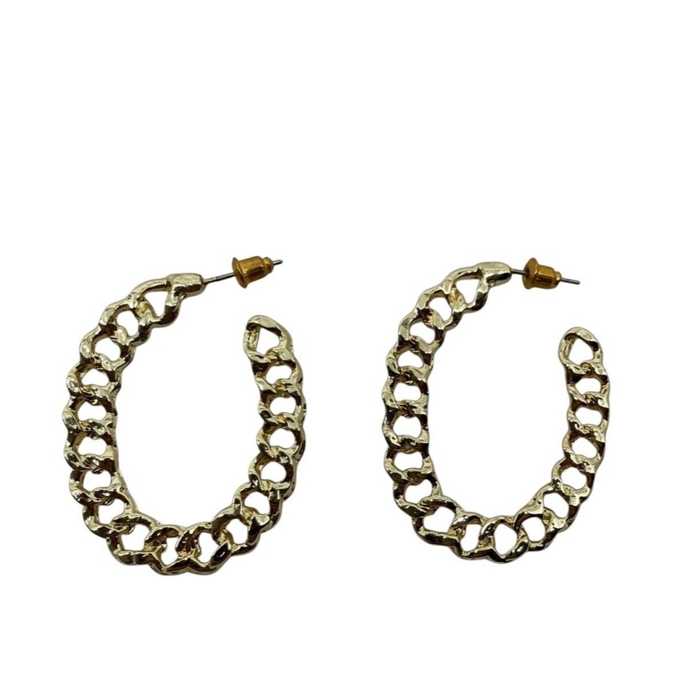 Gold Tone Chain Link Hoop Earrings Open Oval Statement Fashion Jewelry